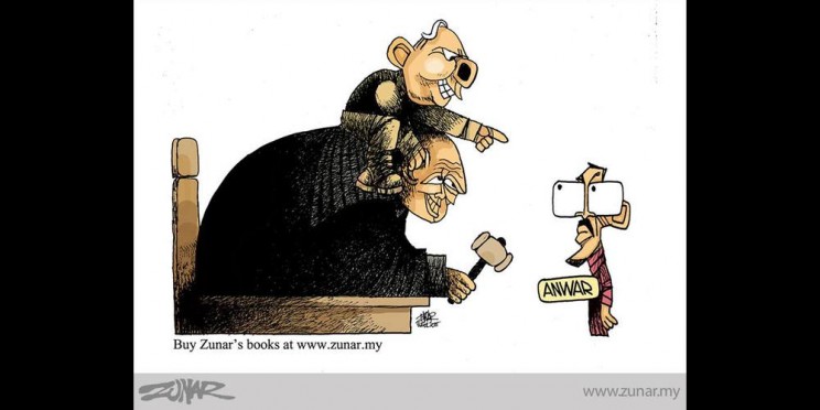 Caption from CPJ: "Zunar depicts Malaysian Prime Minister Najib Razak on the back of a judge who is pointing a gavel at opposition politician Anwar Ibrahim. The drawing is Zunar’s commentary on criminal sodomy charges brought against Anwar, which the cartoonist sees as political."